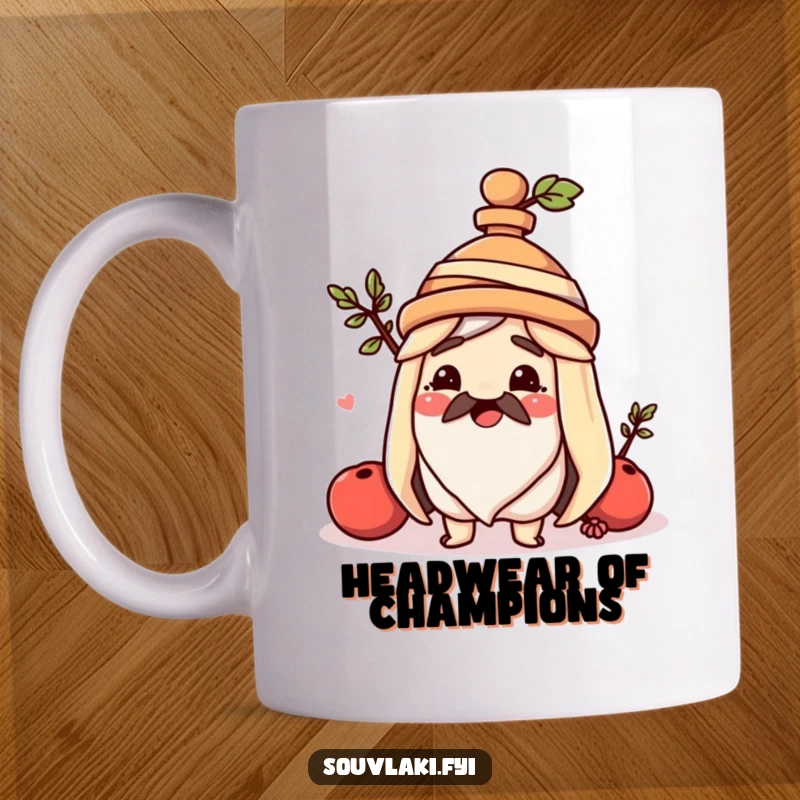 Funny souvlaki mug, a happy Greek skewer wears a tiny amphora hat, radiating cheerful and cultural vibes.