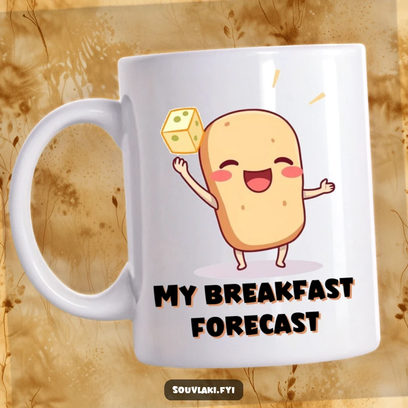 Funny souvlaki character mug playfully tossing a small feta cube, showcasing delightful Greek food humor and culinary fun.