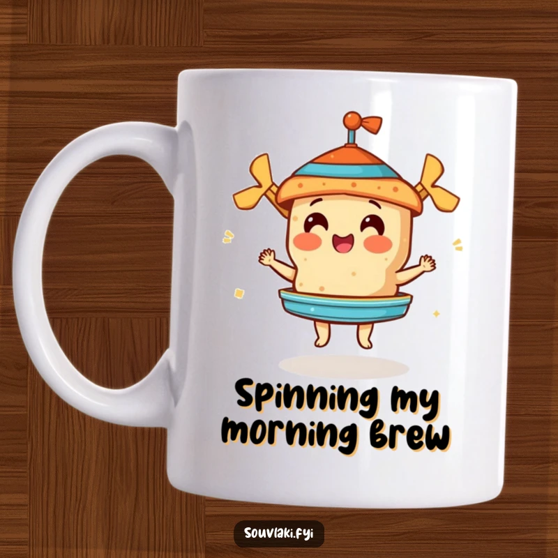 Funny mug depicting a cheerful souvlaki expertly spinning a miniature gyros, showcasing culinary skill and humor.
