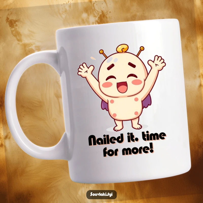 Funny souvlaki mug showing a delighted character with arms raised in pure joy, celebrating deliciousness.