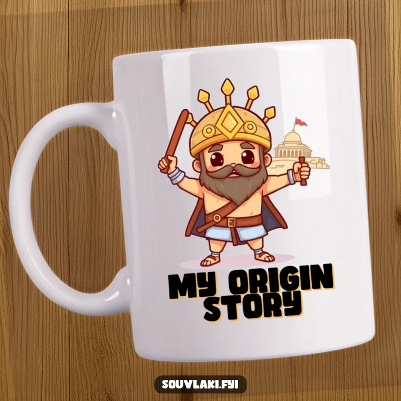 Funny souvlaki mug, a proud Greek skewer poses heroically with a distant ancient temple, exuding epic food pride.