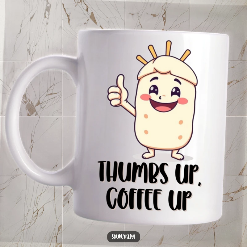 Funny mug featuring a happy souvlaki skewer character giving a vigorous, enthusiastic thumbs-up gesture.