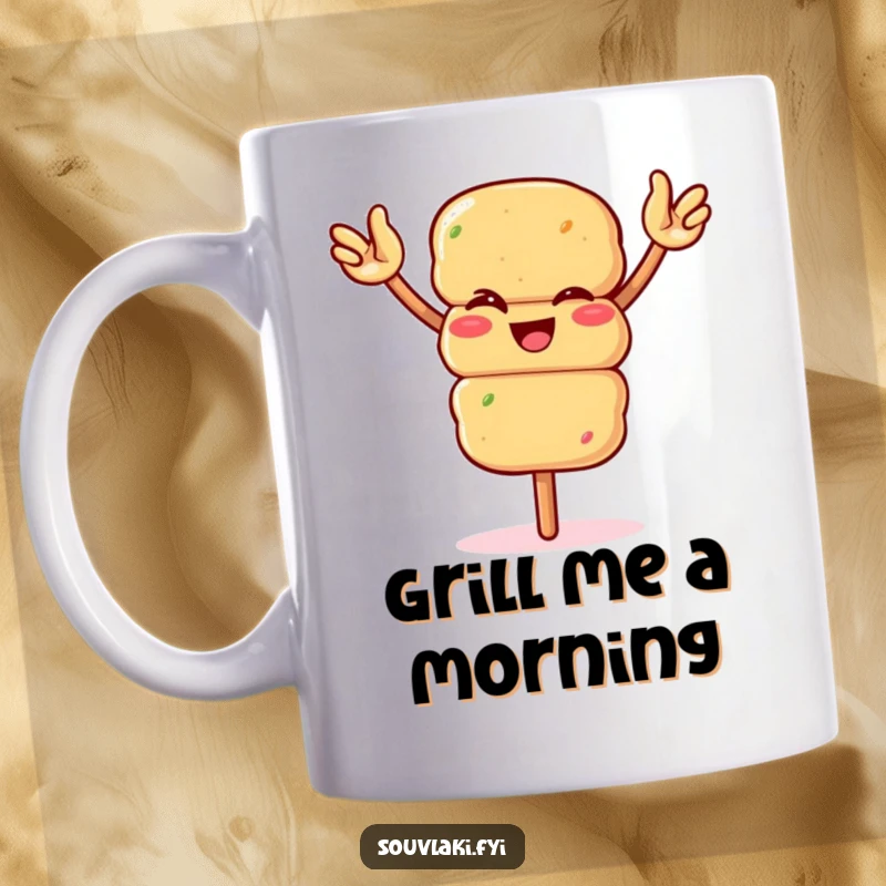 Funny winking souvlaki skewer waving arms enthusiastically on a mug. A lively and humorous gift for BBQ enthusiasts.