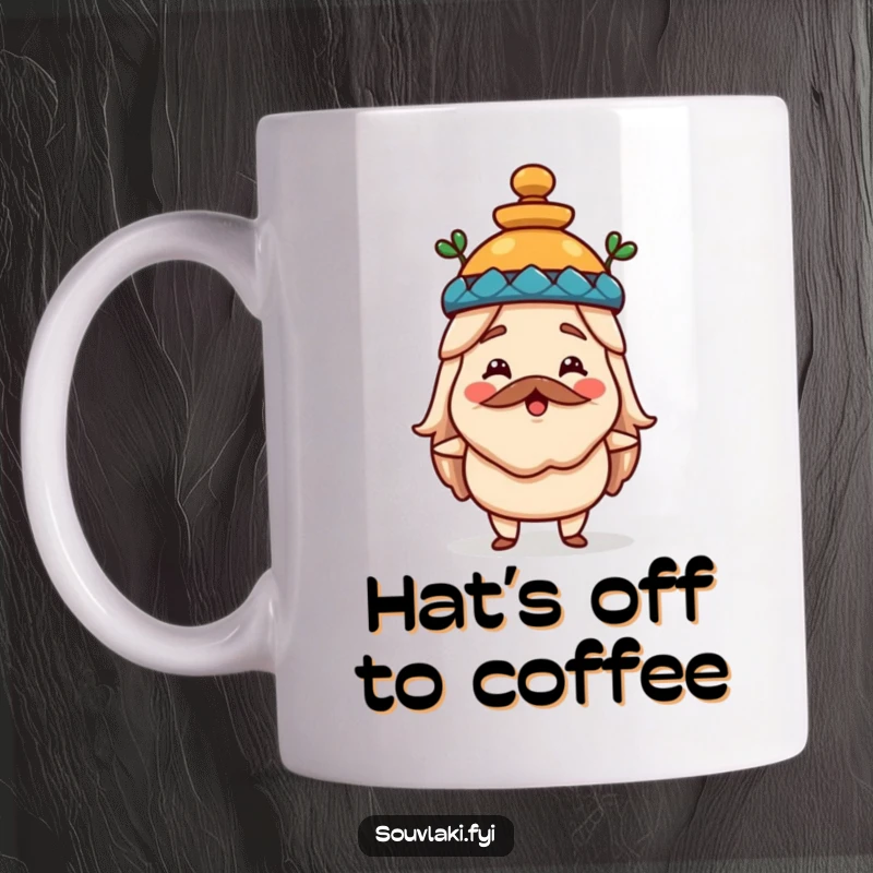 Funny souvlaki mug featuring a happy Greek food character wearing a miniature amphora as a hat, exuding quirky charm and culinary delight.