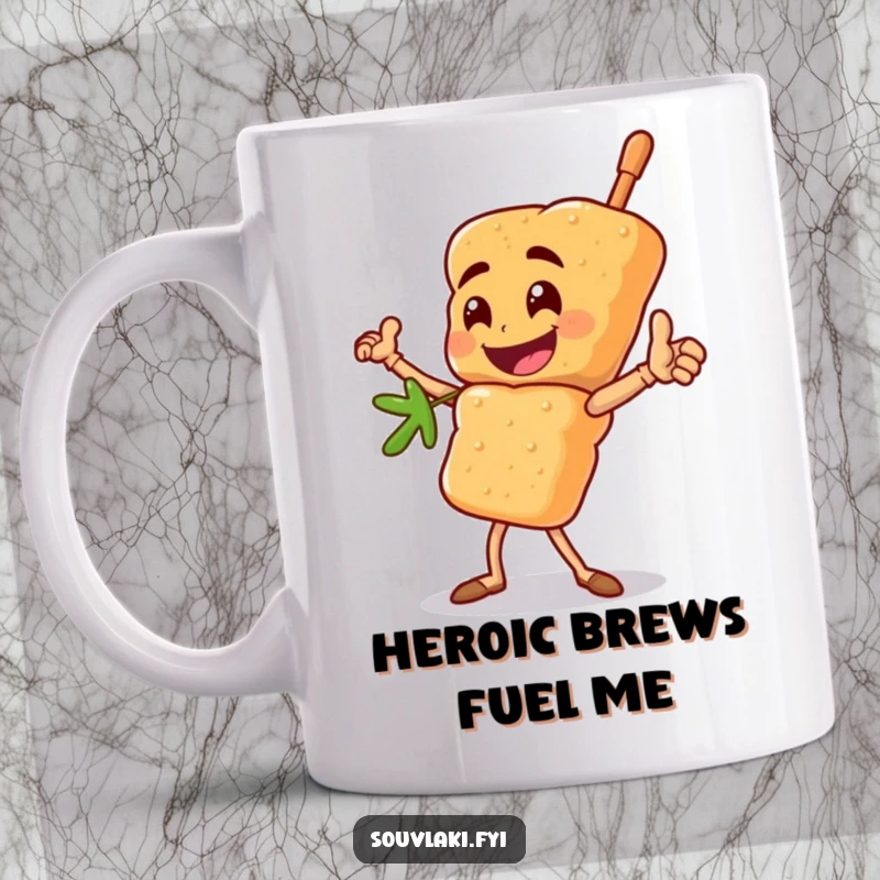 Funny souvlaki skewer mug with a happy character striking a heroic pose, a bold and humorous gift.