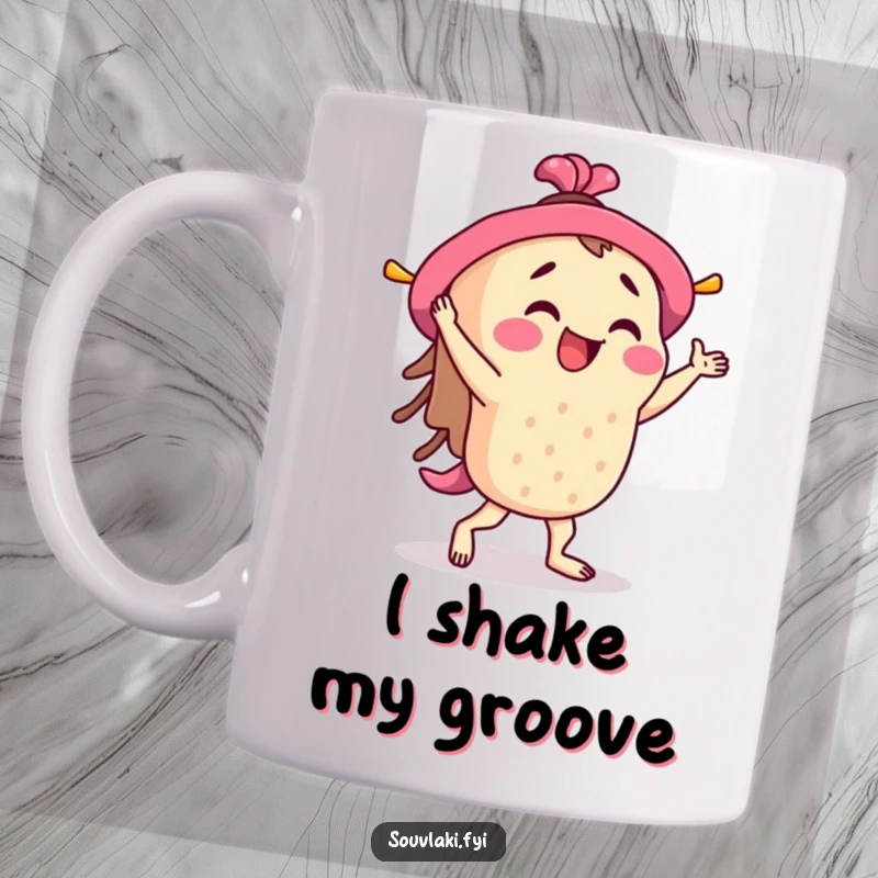 Funny Souvlaki Mug: A happy souvlaki skewer character enthusiastically does a little jig, radiating joy and delicious fun.