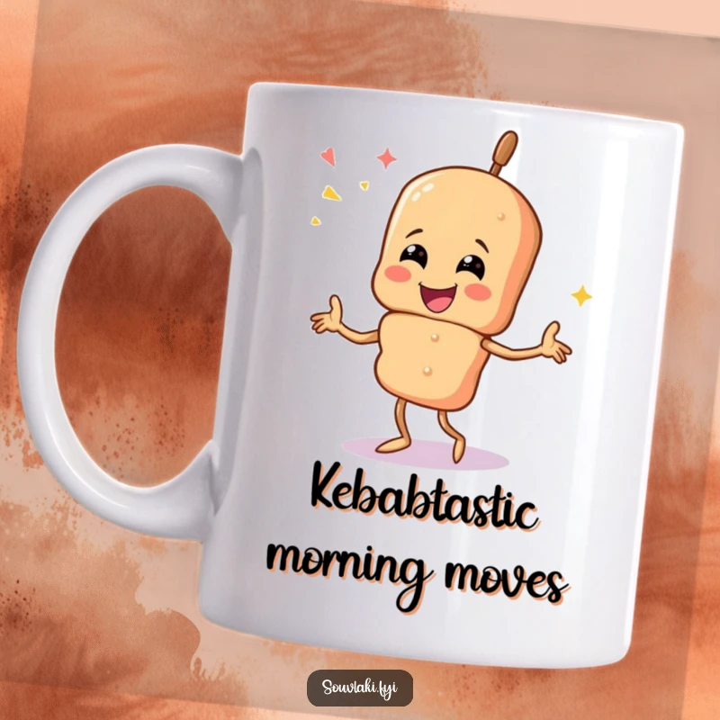 Funny souvlaki skewer character joyfully dancing with a smile, capturing pure celebration on a mug.