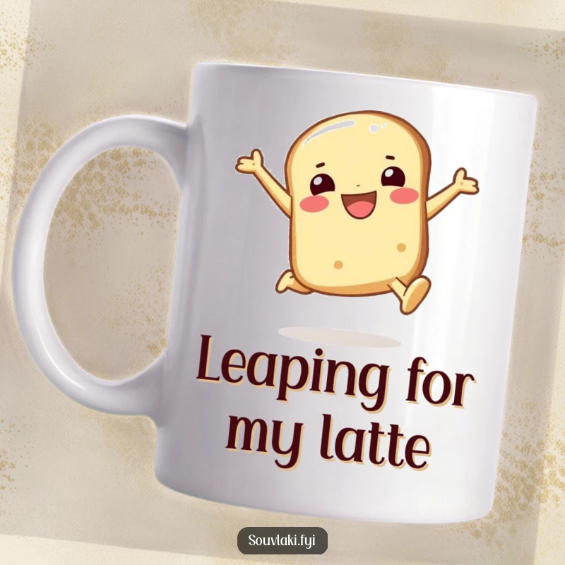 Funny pita bread mug featuring a smiling character enthusiastically attempting a joyful leap, radiating happiness and lighthearted energy.