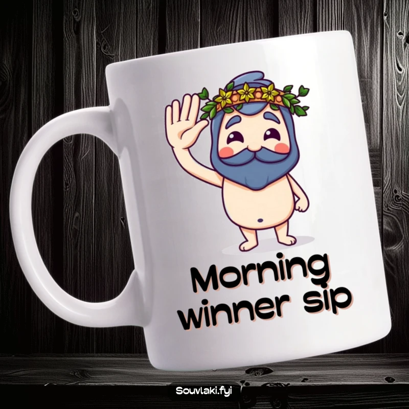 Funny Souvlaki Mug with a proud souvlaki saluting with a tiny laurel wreath, symbolizing victory and humor.