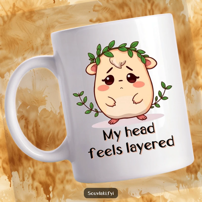 Funny Moussaka Mug: A confused Greek moussaka character awkwardly tries to fit a tiny laurel wreath on its head, a truly comical sight.