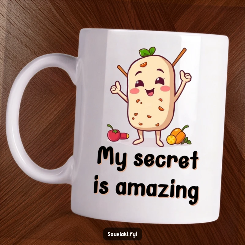 Funny Mug: Souvlaki character doing a funny, proud pose with its ingredients, exuding culinary confidence and humor.