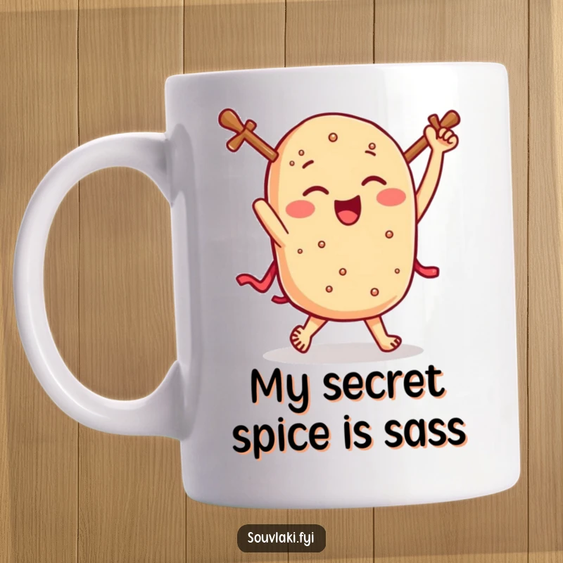 Funny winking souvlaki mug, celebrating a triumphant dance with pure joy and delicious energy, perfect for food lovers.