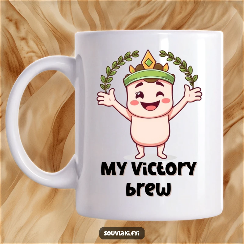 Funny mug featuring a smiling souvlaki character with arms spread wide, joyfully embracing a laurel wreath.