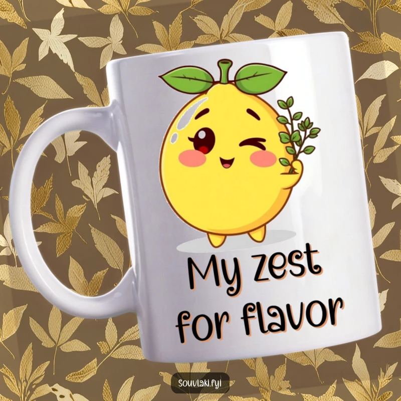 Funny winking lemon character holding a tiny oregano sprig, offering it with a playful smile on a ceramic mug.