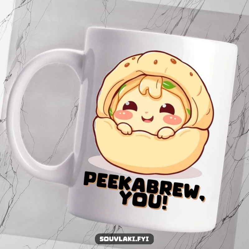 Funny Mug: A giggling spanakopita character comically peeks from a golden puff pastry shell, brimming with cheesy delight.