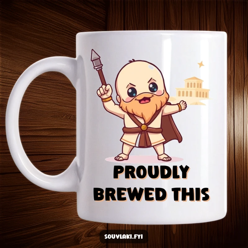 Funny souvlaki mug featuring a proud Greek food character posing heroically with a distant temple, exuding epic charm and culinary pride.