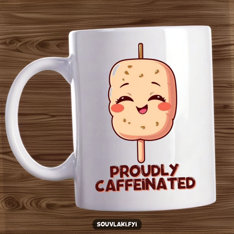 Funny mug featuring a souvlaki skewer character with eyes closed, beaming with immense pride and satisfaction.