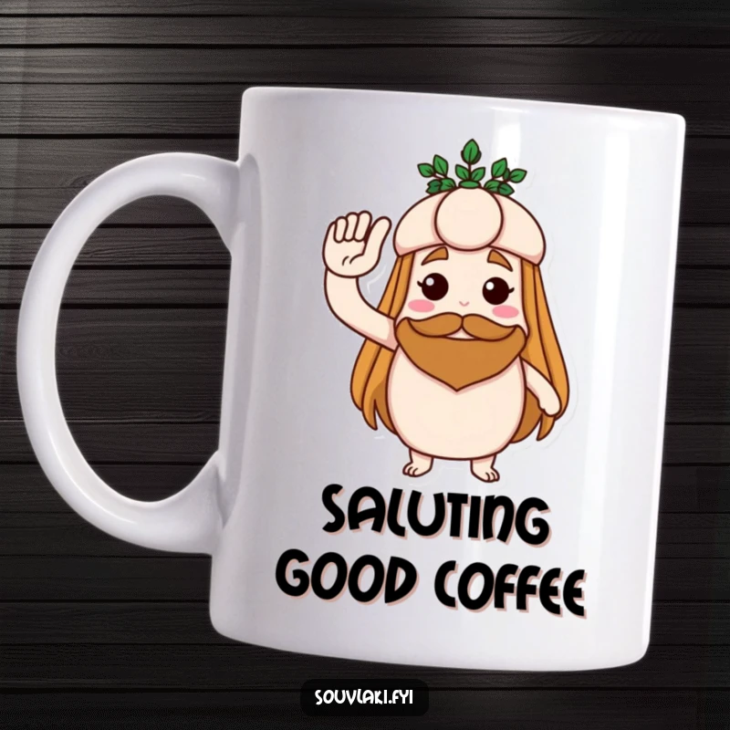 Funny mug showing a proud souvlaki saluting heroically, adorned with a tiny laurel wreath, a symbol of honor.