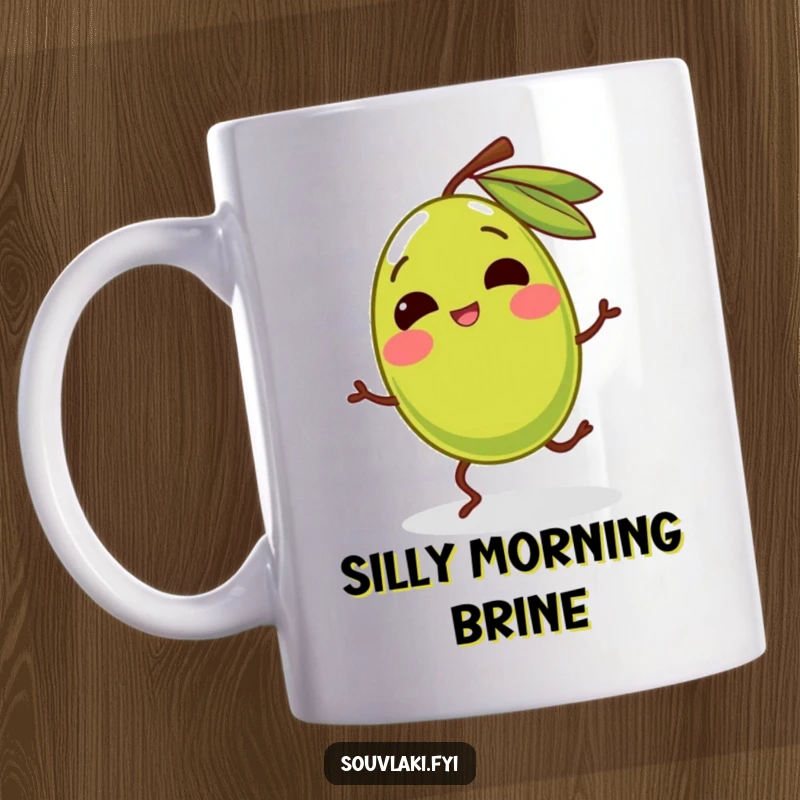 Funny olive character with legs doing a silly dance and giggling on a mug. A whimsical and humorous gift for food and dance lovers.