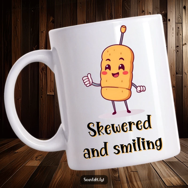 Funny proud souvlaki skewer character giving a cheerful nod on a ceramic coffee mug.