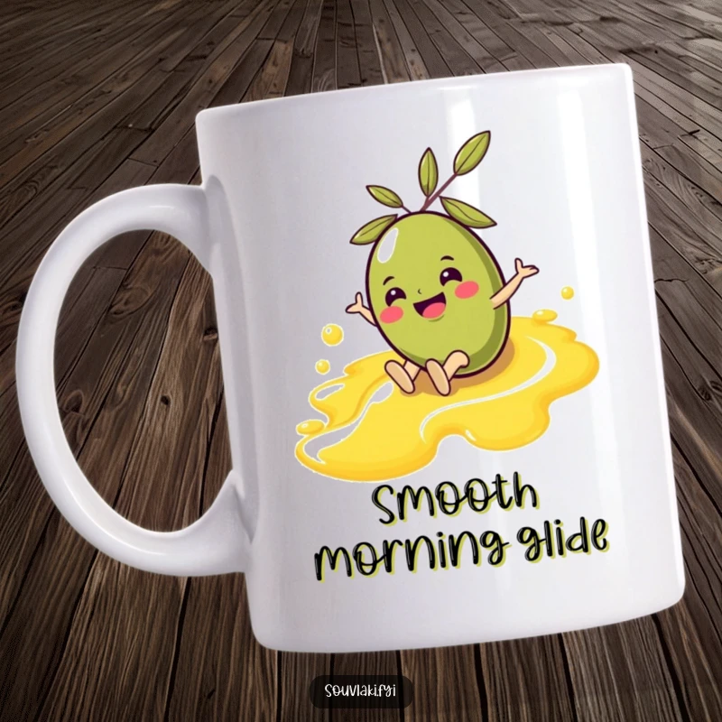 Funny Olive Mug: A cheerful olive character enjoys a fun slide down a glistening stream of olive oil, radiating pure happiness.