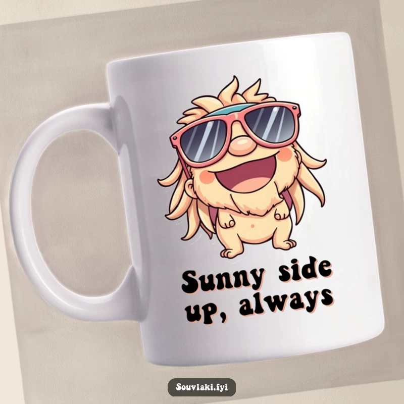 Funny Mug: Cool souvlaki character in oversized sunglasses, smiling broadly, basking in sunshine.