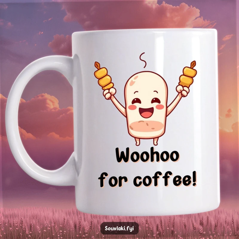 Funny Souvlaki Skewer Cheering Mug: A joyous souvlaki skewer with arms raised cheers loudly with excitement.