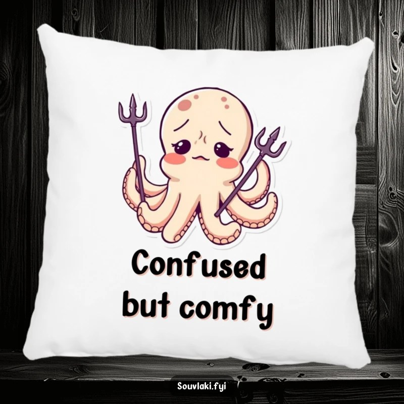 Funny Octopus Pillow: A soft pillow showcasing a confused octopus character with a tiny, askew trident, bringing whimsical and humorous appeal.
