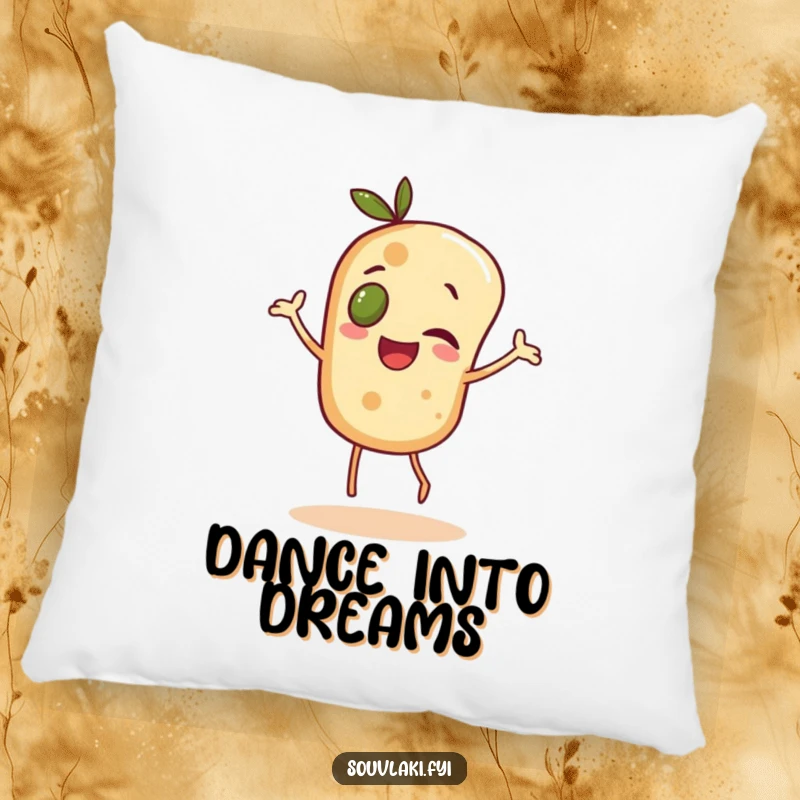 Funny pita bread character with an olive eye dancing joyfully, depicted on a soft throw pillow.