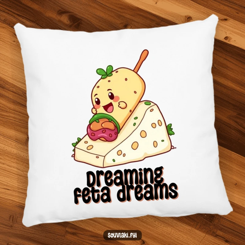 Funny Souvlaki Pillow with a giddy souvlaki sliding down a hill of feta cheese, perfect for cozy, cheesy humor.
