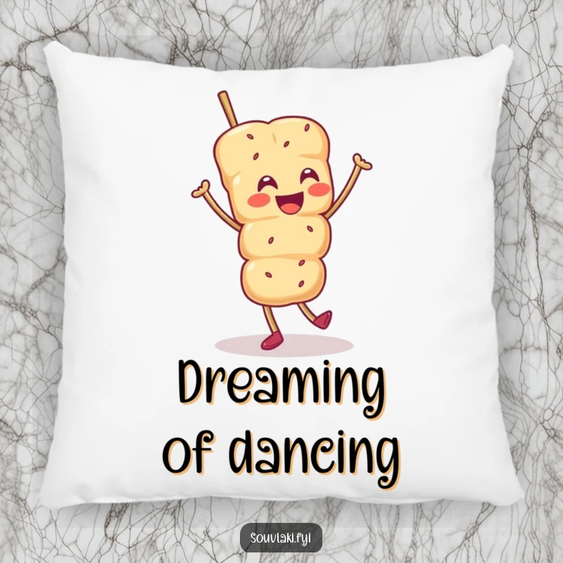 Funny pillow with a smiling souvlaki skewer character doing a joyful jig, offering soft, humorous comfort and food-themed coziness.