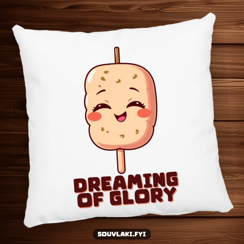 Funny pillow with a souvlaki skewer character's eyes closed, beaming with delightful and proud satisfaction.