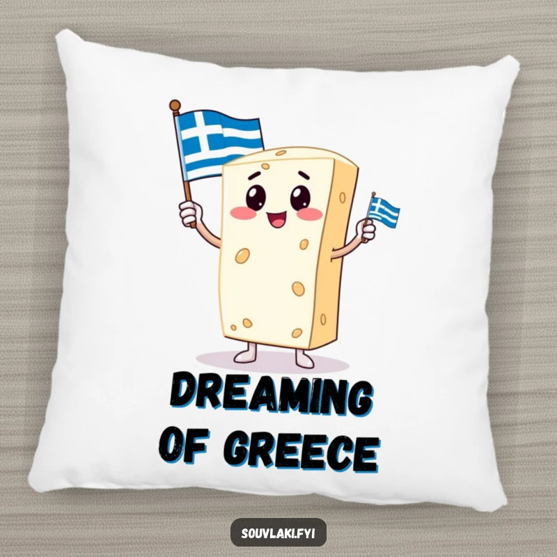 Funny pillow with a proud feta cheese character holding a small Greek flag, offering soft, warm, and humorous cultural comfort.