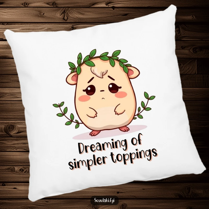 Funny Moussaka Pillow: A confused moussaka character depicted trying to wear a diminutive laurel wreath, offering cozy and comical decor.