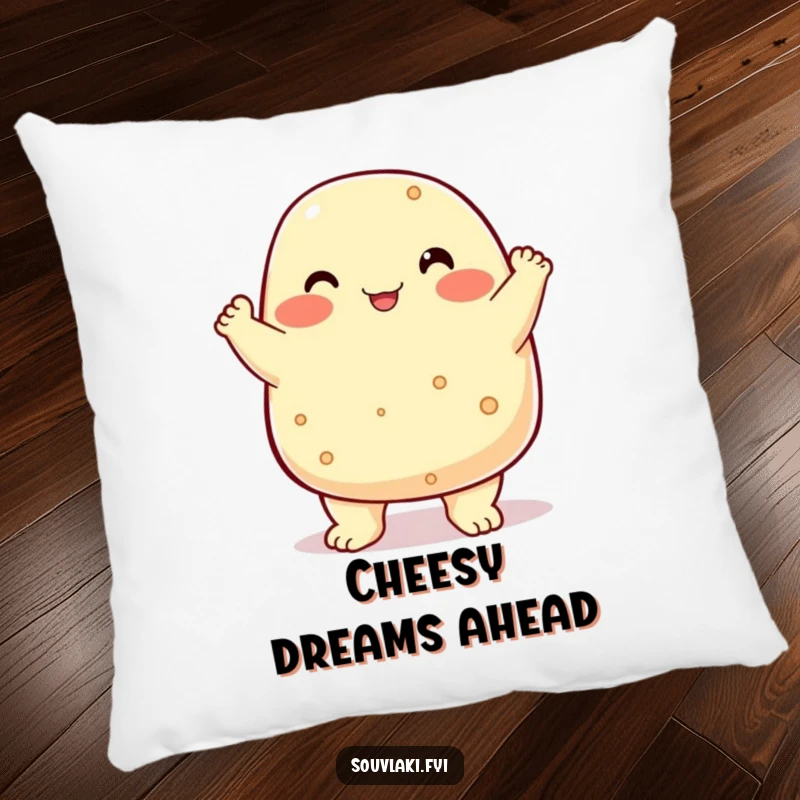 Funny chubby feta cheese character proudly chest bumping, a soft and humorous pillow.