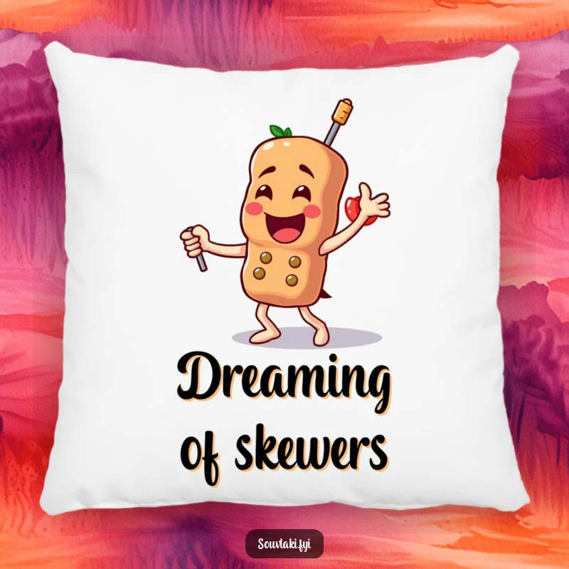Funny Souvlaki Pillow: A soft pillow featuring a proud skewer character celebrating its deliciousness with a triumphant, joyful dance.