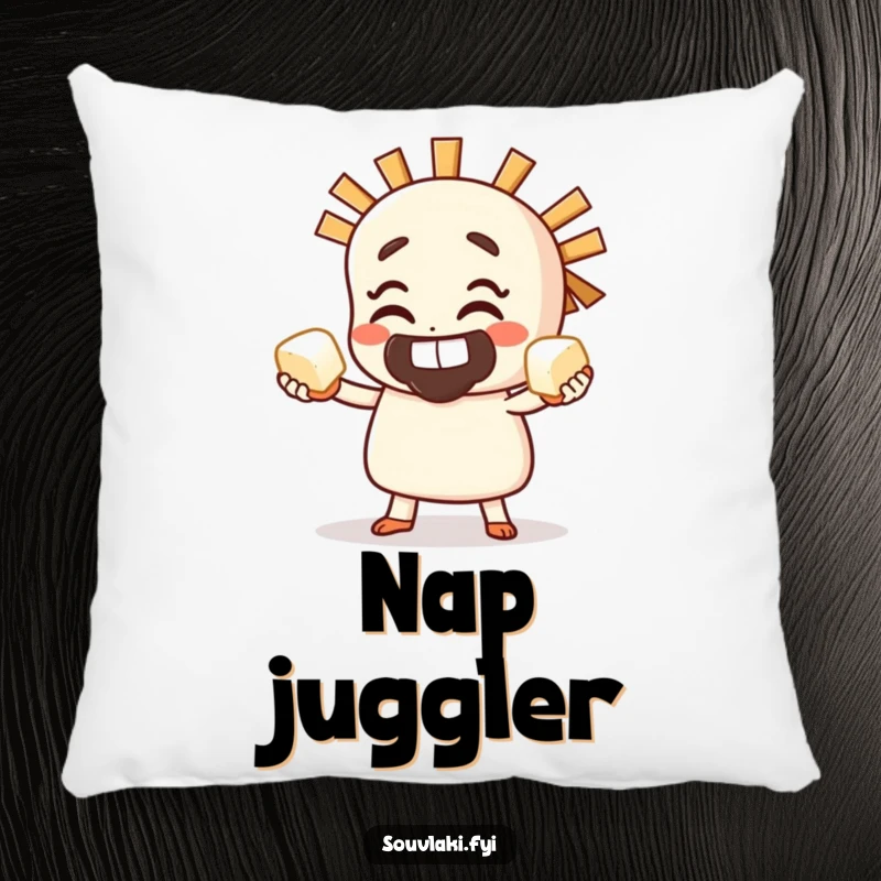 Funny Pillow featuring a grinning souvlaki character juggling small feta cubes, a cozy culinary delight.