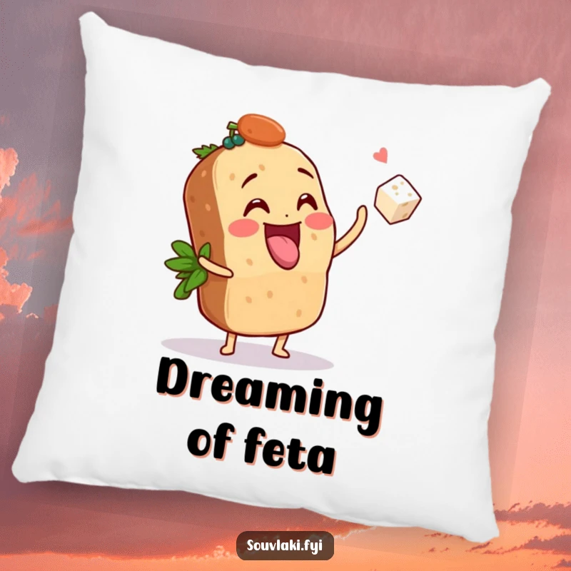 Funny Pillow: A souvlaki playfully tosses a tiny feta cube, a humorous and comfortable accent celebrating food joy.