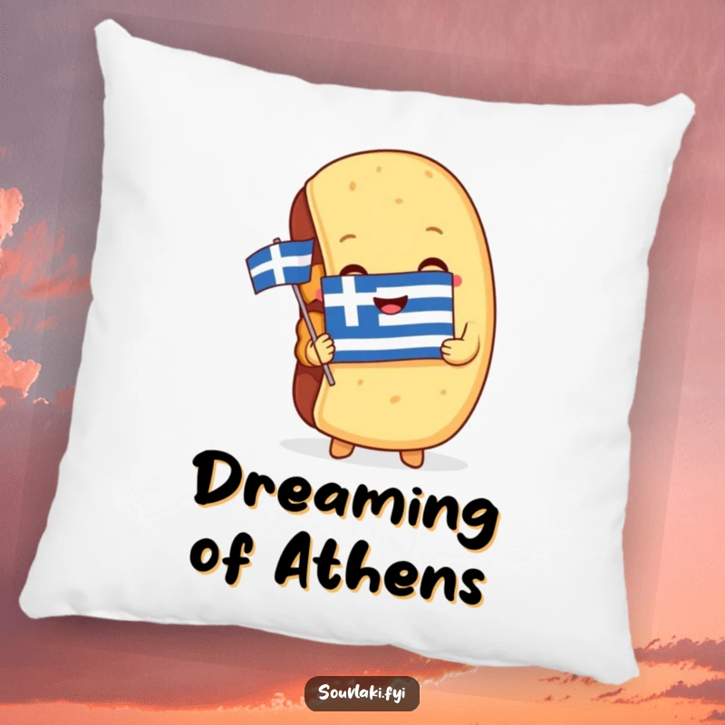 Funny Pillow: A souvlaki embraces a miniature Greek flag, a humorous and comfortable accent celebrating Greek pride.
