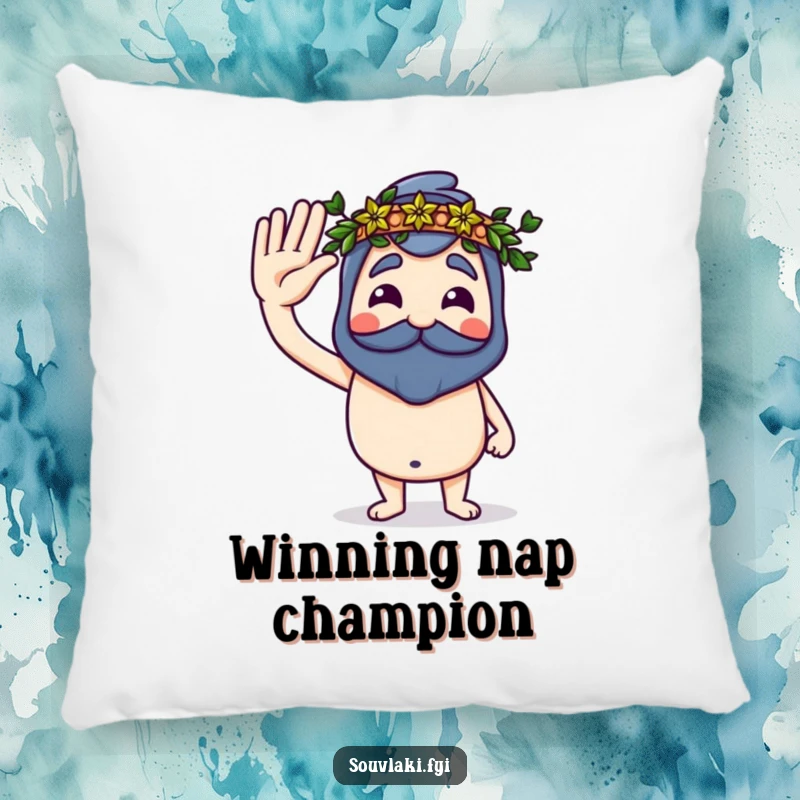 Funny Souvlaki Pillow with a proud souvlaki saluting with a tiny laurel wreath, perfect for humorous comfort.