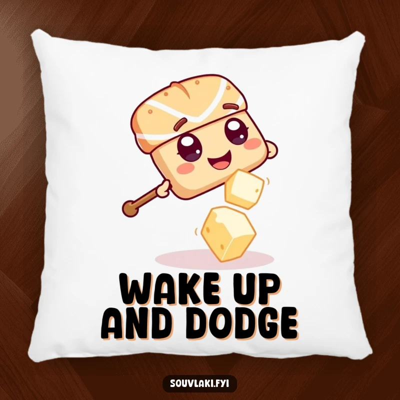 Funny Souvlaki Skewer Feta Fun Pillow: A giggling souvlaki skewer playfully dodges a falling feta cheese cube.