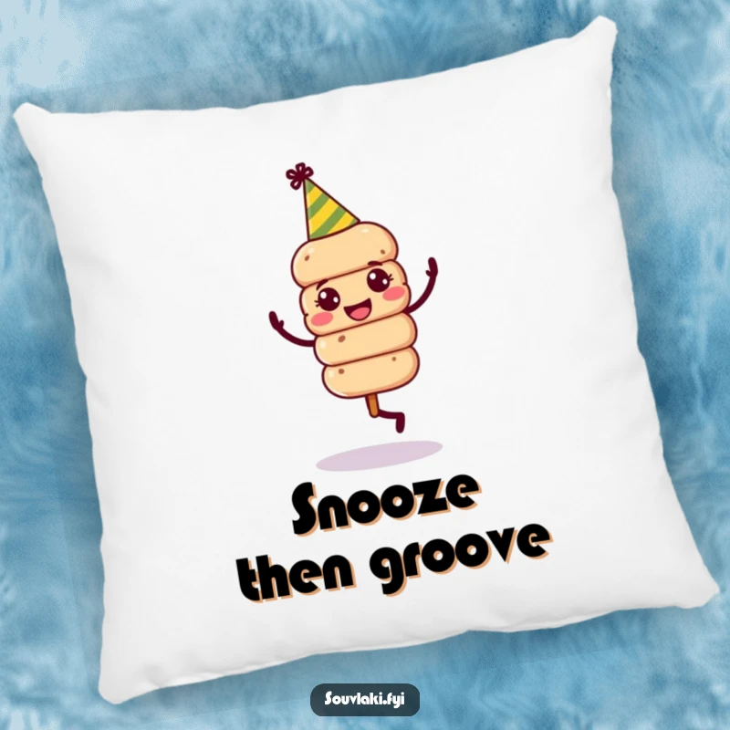 Funny Souvlaki Skewer Party Pillow: A jovial souvlaki skewer wearing a party hat dances happily on this cozy pillow.
