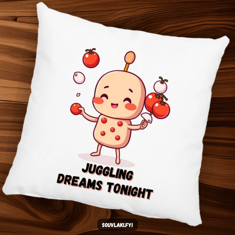 Funny Pillow: A souvlaki skewer character juggles ingredients. Cozy and humorous for foodies.