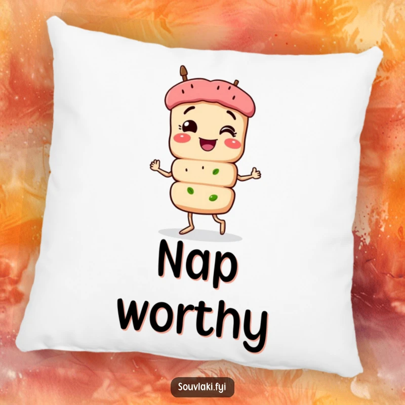 Funny Souvlaki Pillow: A smiling souvlaki skewer character struts with pride, offering comfort and a dose of humor.
