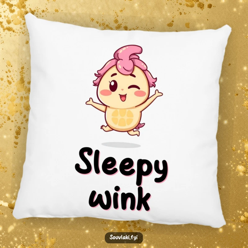 Funny Souvlaki Pillow: A souvlaki skewer character winks and hops playfully, offering comfort with a side of lighthearted humor.