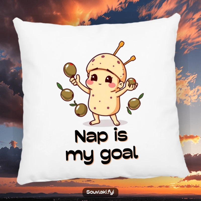 Funny pillow featuring a souvlaki comically juggling olives, providing comfort and a humorous touch of kitchen chaos.