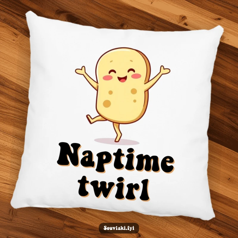Funny pillow with a smiling pita bread character captured mid-wobbly pirouette, adding comedic flair to decor.