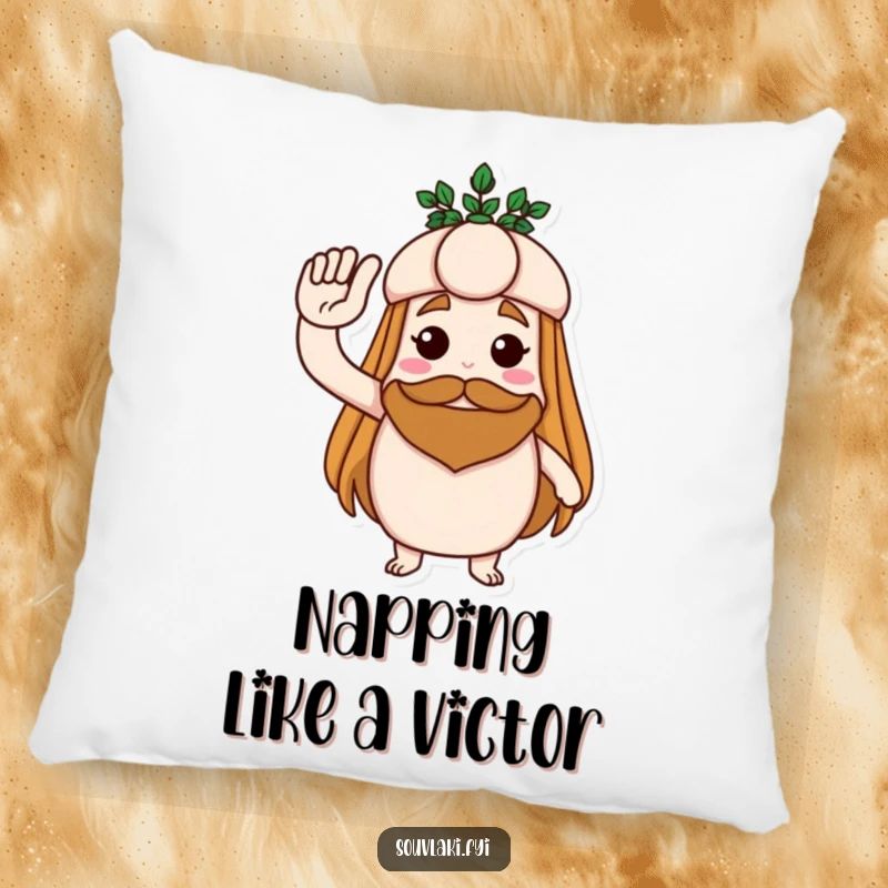 Funny pillow featuring a souvlaki saluting with a laurel wreath, offering humorous comfort and heroic charm.