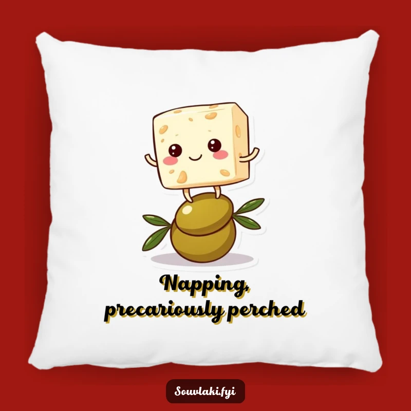 Funny Feta Cheese Pillow: Balancing Character on Olive Comfort, Hilarious Decor!