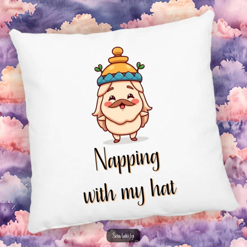 Funny souvlaki pillow with a happy Greek food character wearing an amphora hat, perfect for adding historical humor and cuddly comfort.